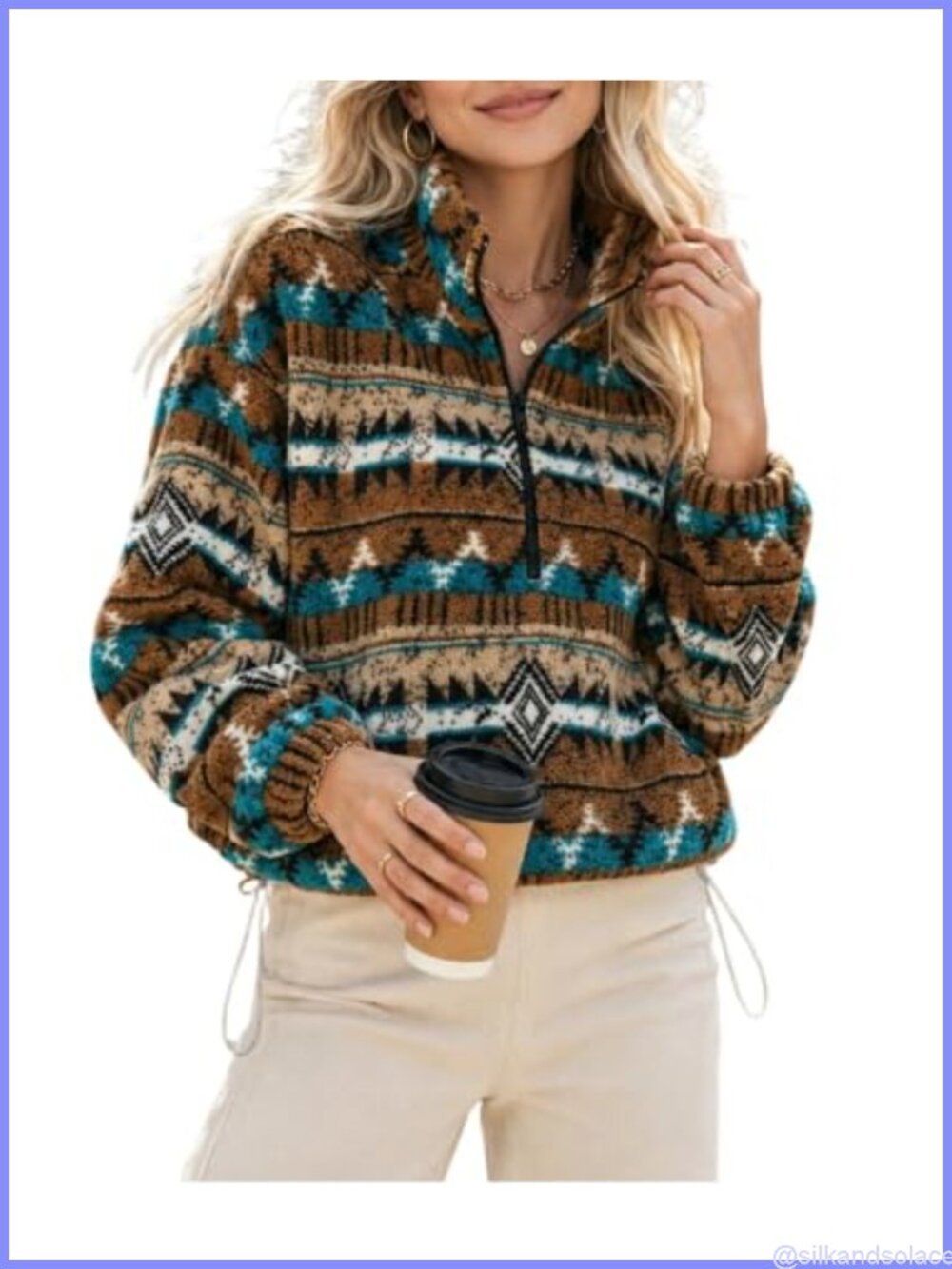 Women's Aztec Cropped Half Zip Sherpa Fleece Pullover Sweatshirt